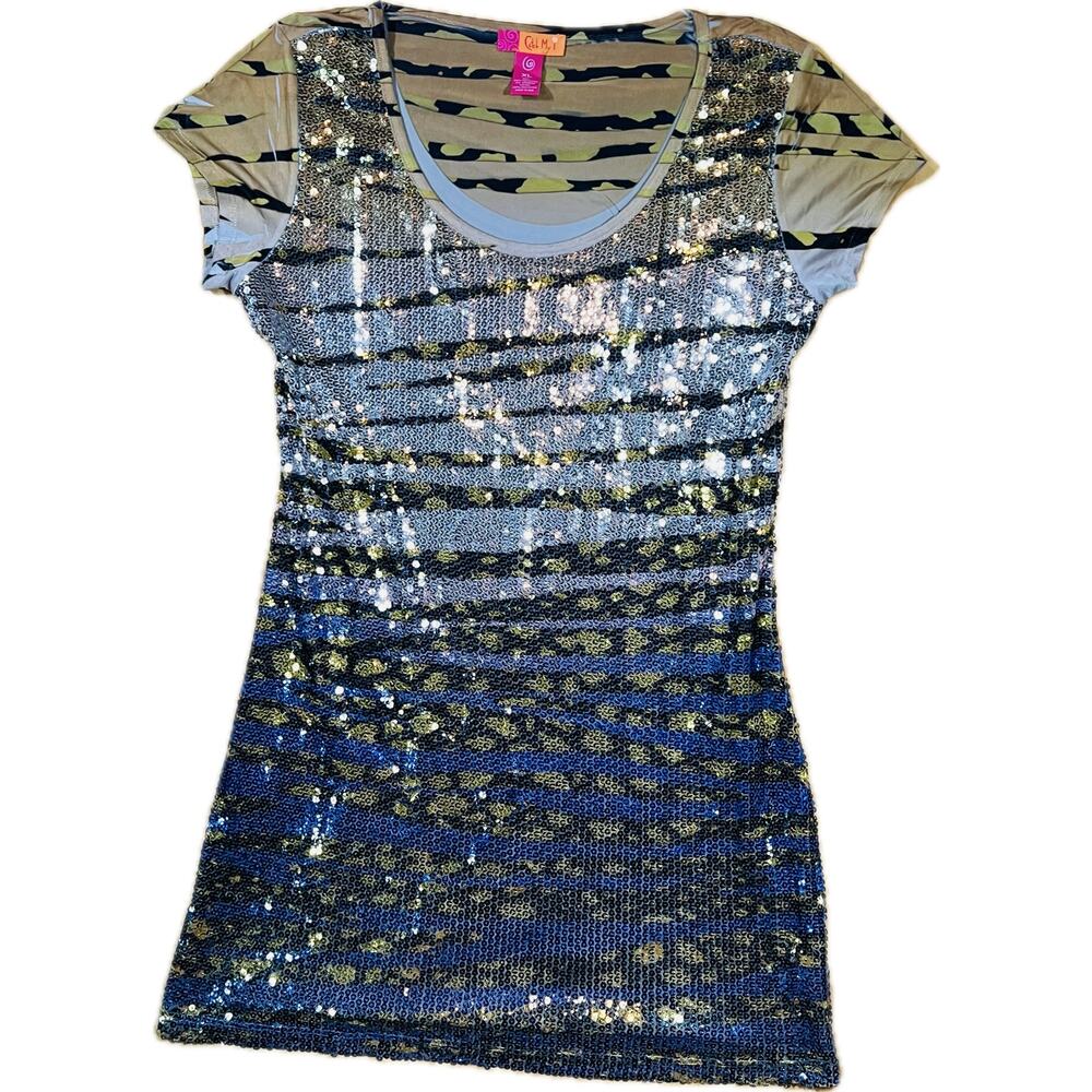 Catch My I Sequin Tunic Top Womens XL Blue Gold Camo Animal Print Y2K Glam Party
